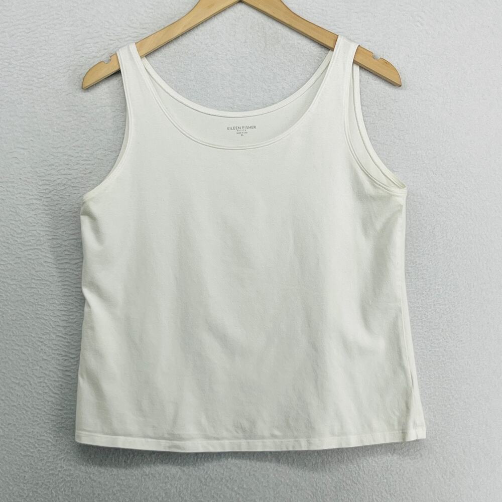 EILEEN FISHER Tank Top PL Stretch Organic Cotton Jersey Scoop Neck Off White USA